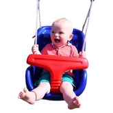 Huitich comfortable baby swing for home with secure red and blue seat holding a happy baby